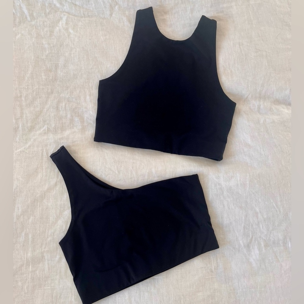Girlfriend Collective small Dylan Tank Bra and Bianca one shoulder bra black